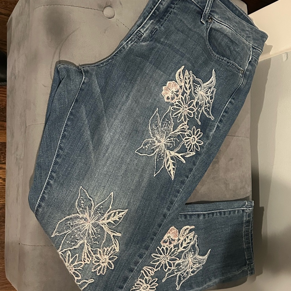 Lane Bryant Blue Denim Jeans with White Floral Embroidery